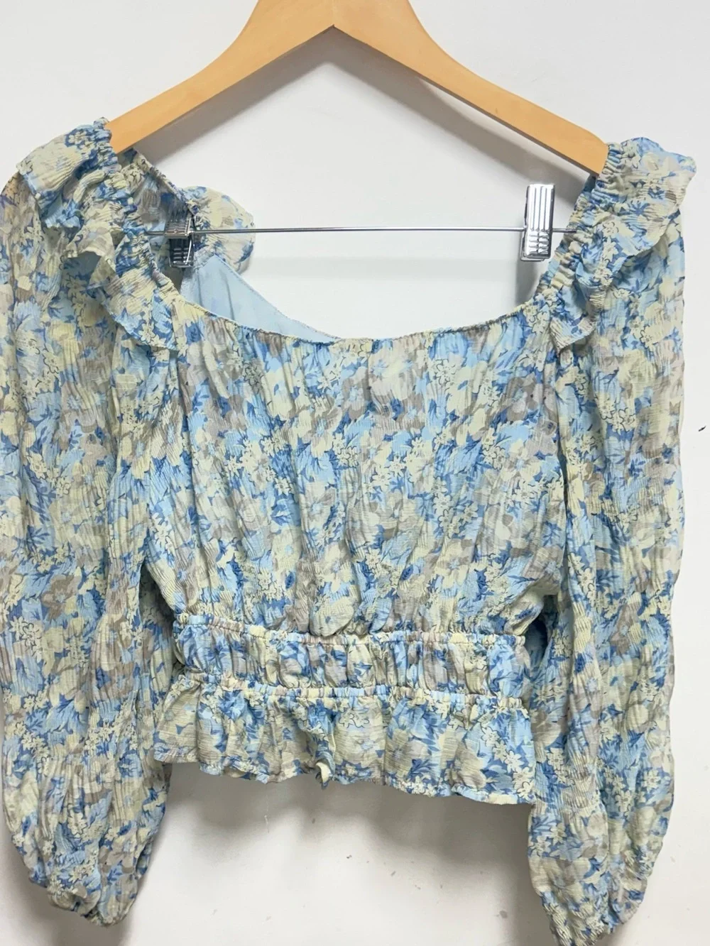 Astr Floral Square-Neck Smocked Peplum Blouse - Light Blue & Cream